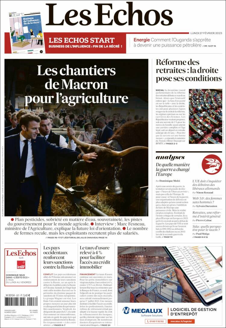 Portada de Les Echos (Francia)