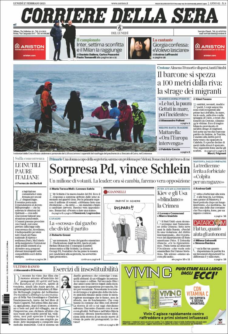 Portada de Corriere della Sera (Italia)