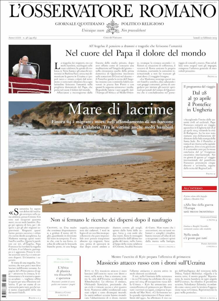 Portada de L'Osservatore Romano (Italia)