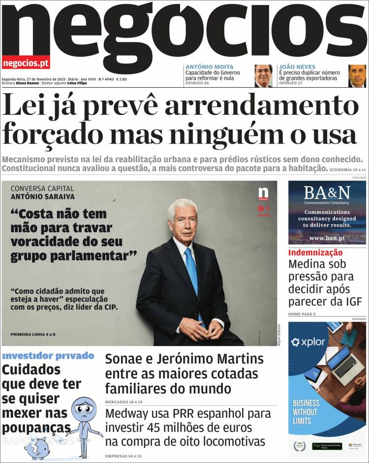 Portada de Jornal de Negócios (Portugal)