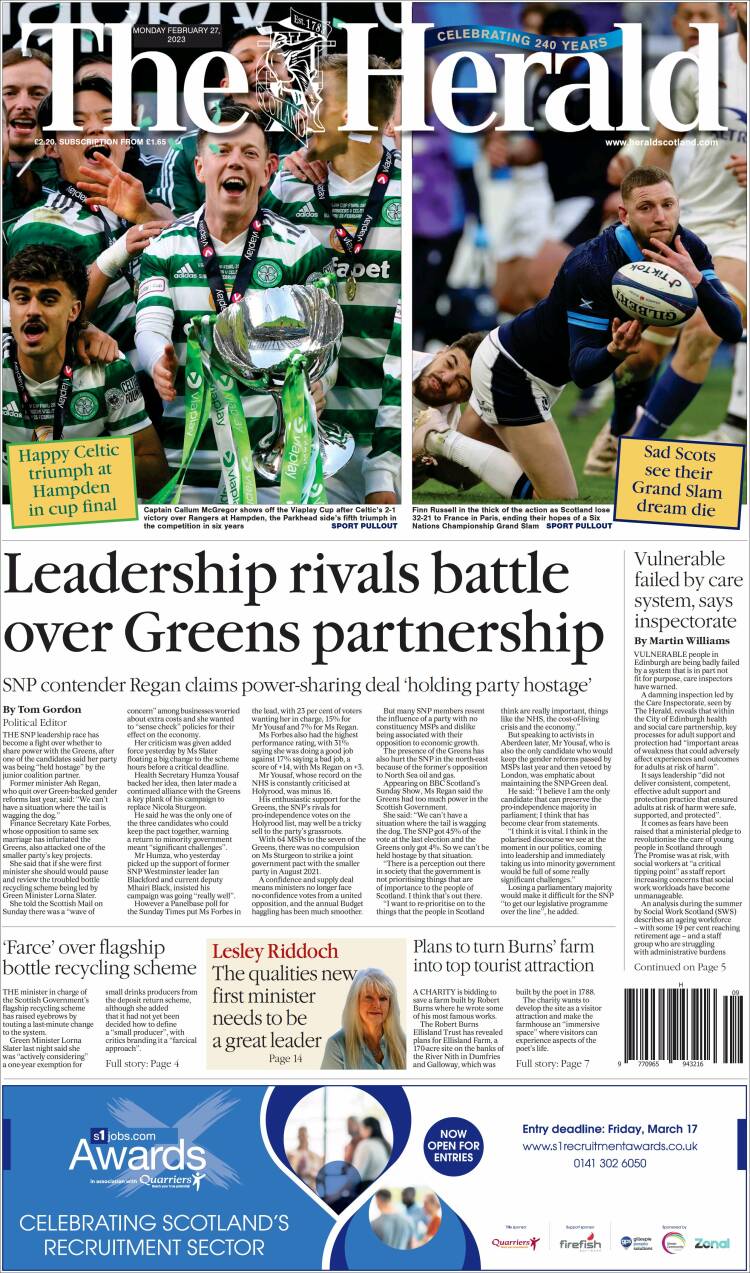 Portada de The Herald (Reino Unido)