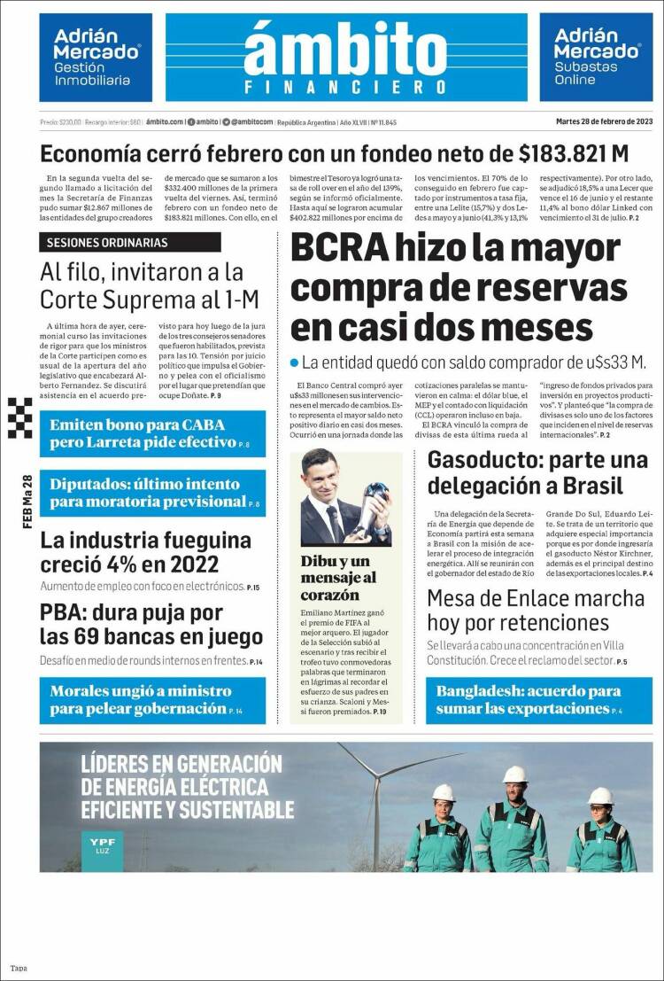 Portada de Diario Ambito Financiero (Argentina)