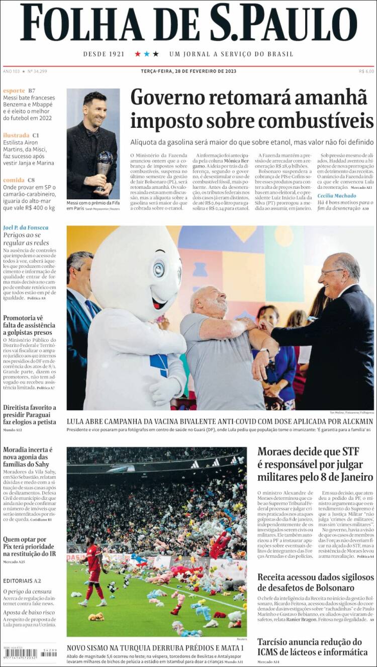 Periódico Folha De São Paulo Brasil Periódicos De Brasil Edición De Martes 28 De Febrero De 5360