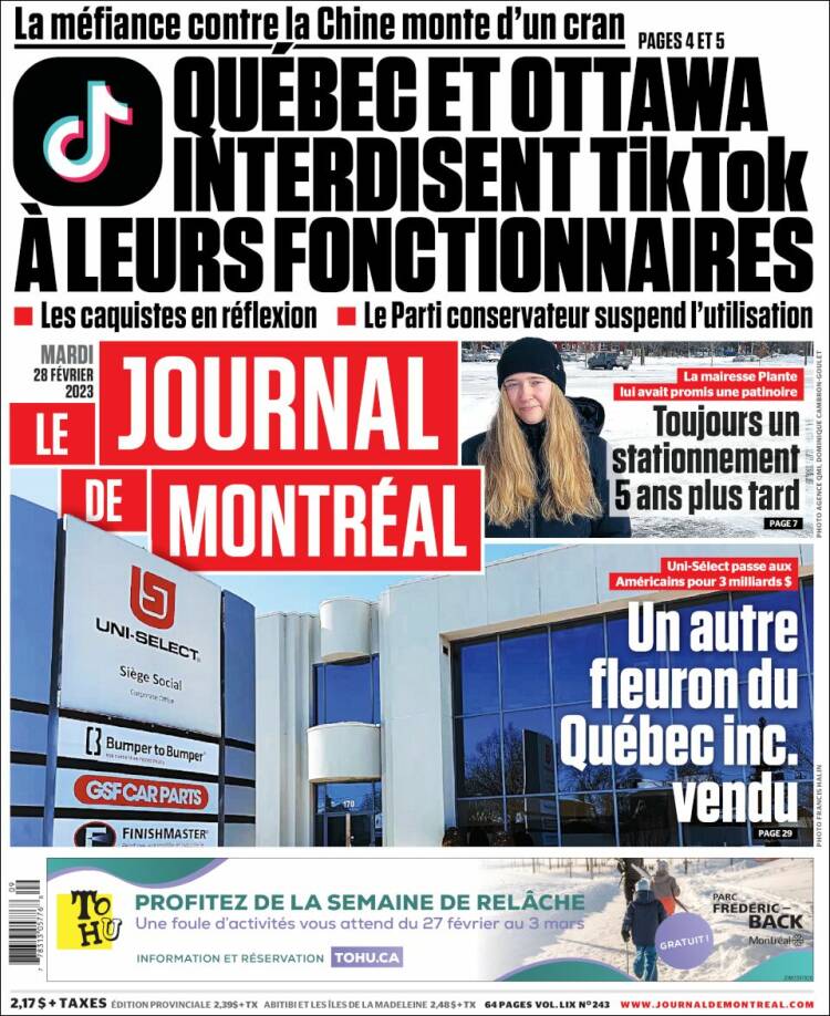 Portada de Le Journal de Montréal (Canadá)