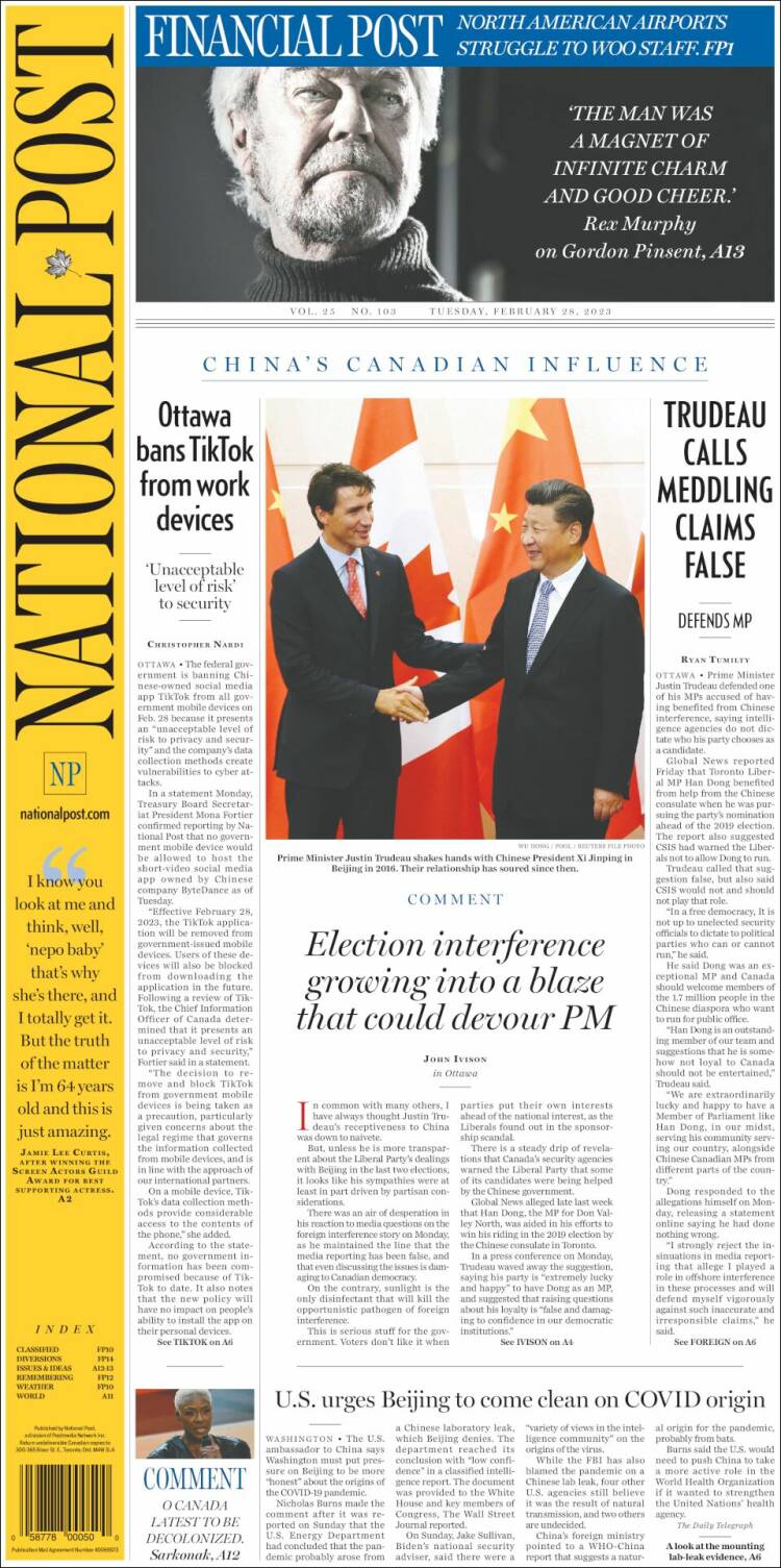 Portada de The National Post (Canadá)