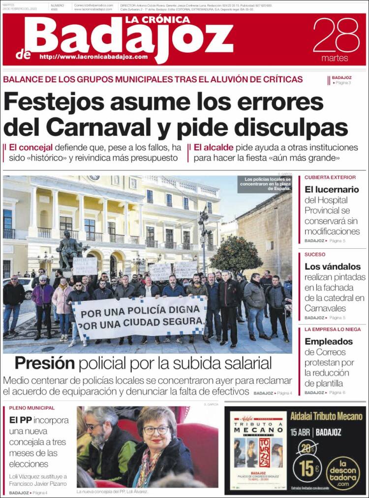 Portada de La Crónica de Badajoz (España)