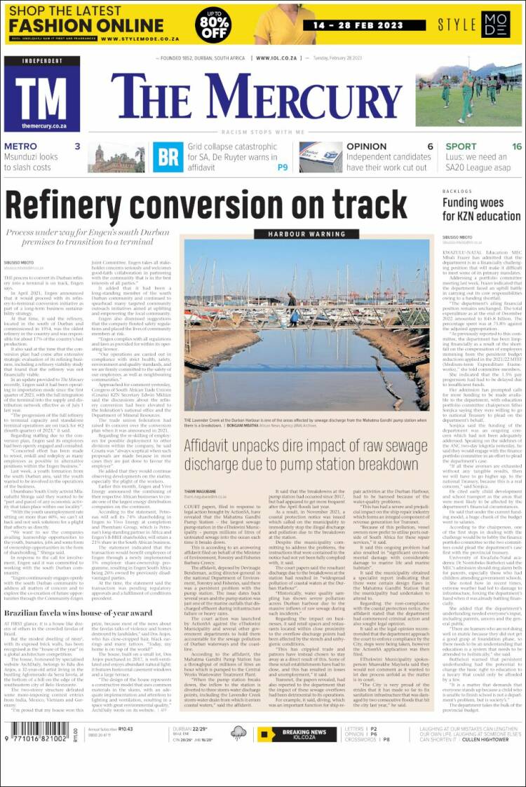 Portada de The Mercury (Sud&aacute;frica)