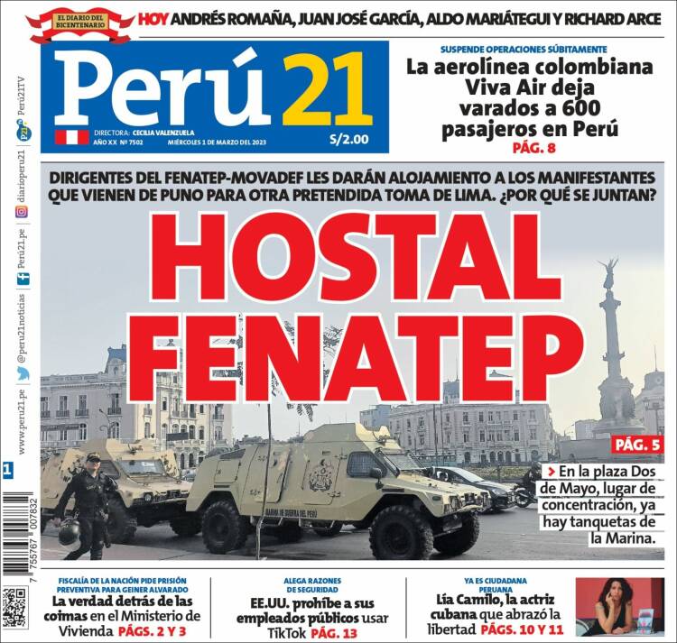 Portada de Perú 21 (Perú)