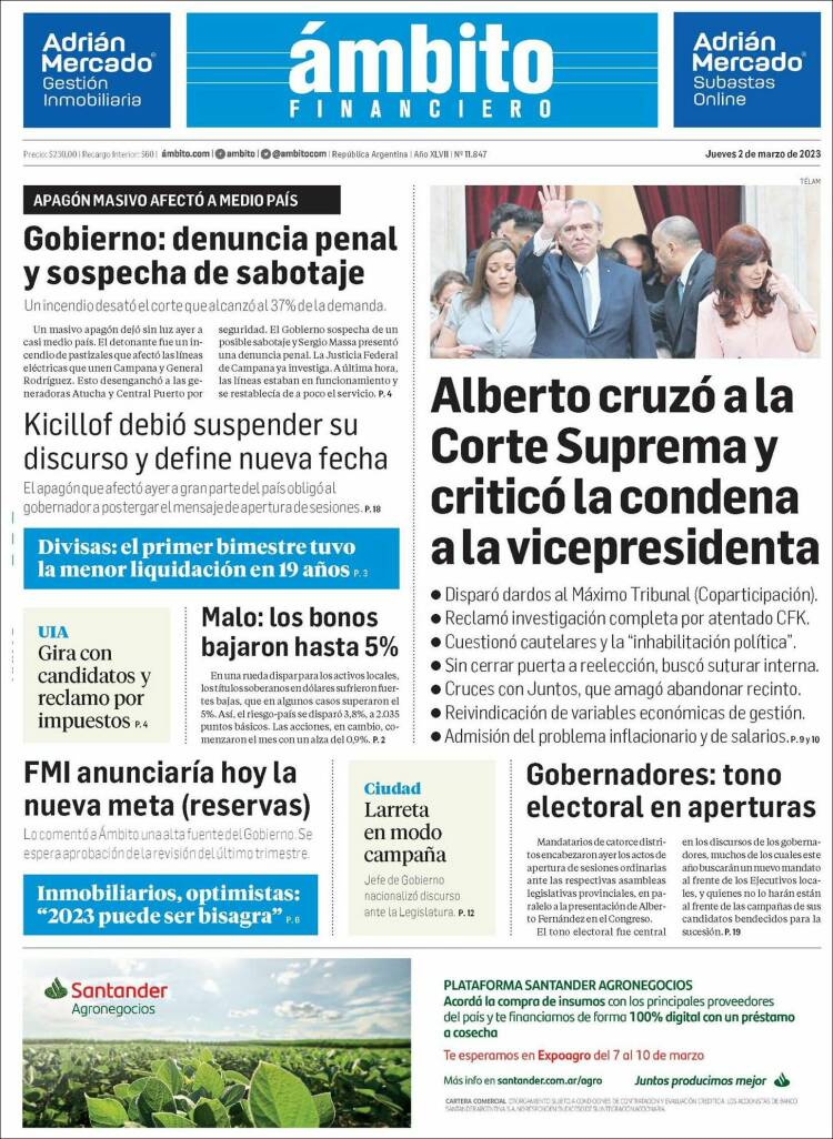Portada de Diario Ambito Financiero (Argentina)