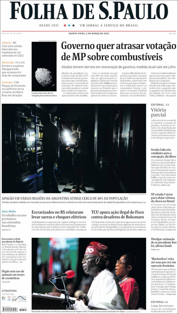 Portada de Folha de São Paulo (Brasil)