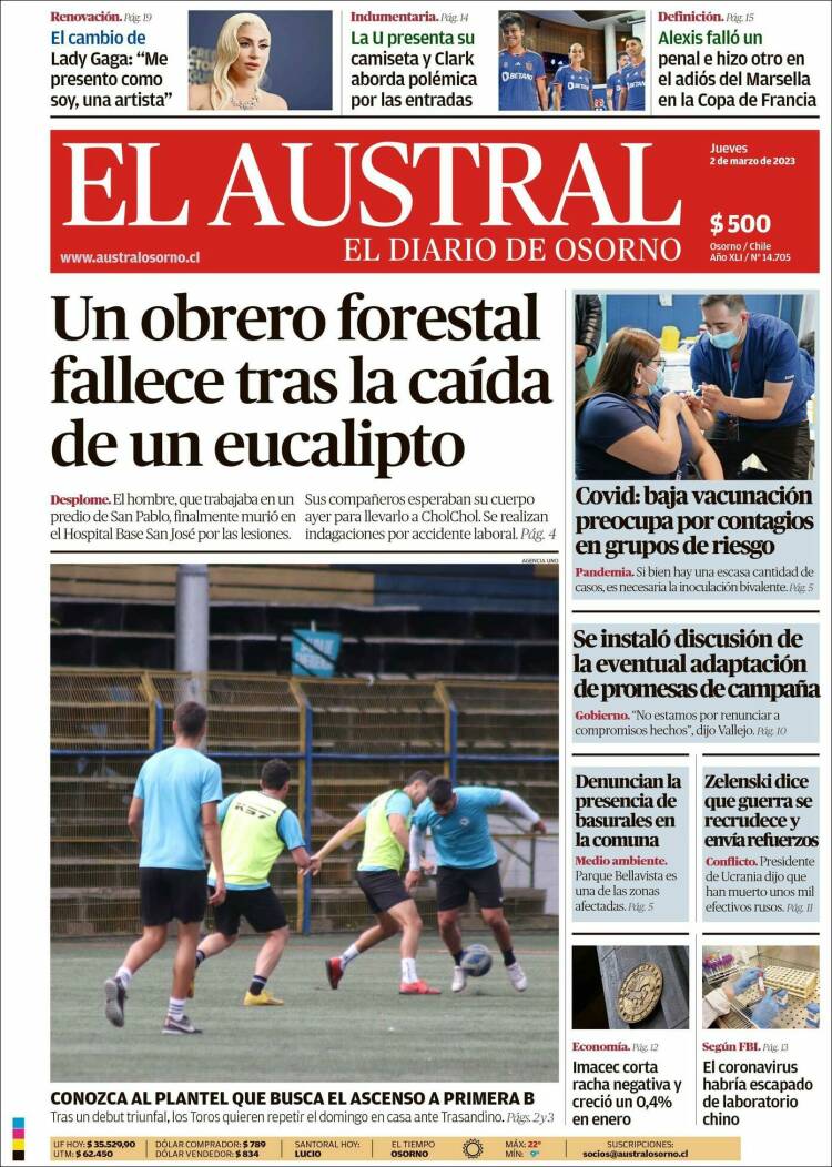 Portada de El Austral de Osorno (Chile)