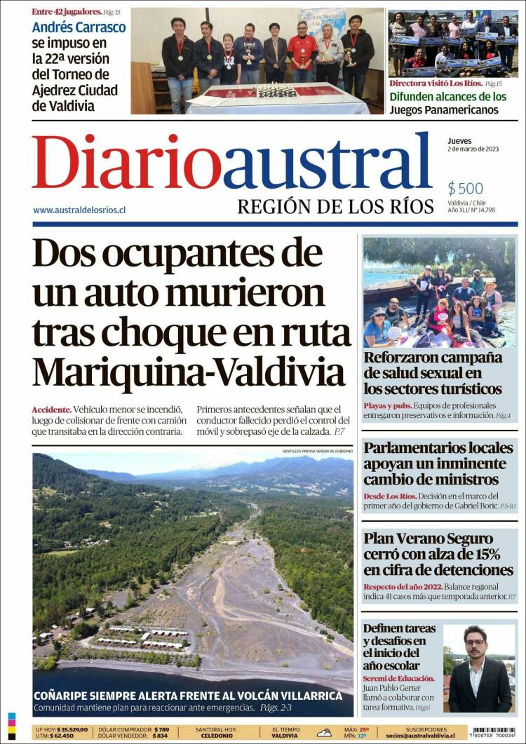 Portada de El Diario Austral de Valdivia (Chili)