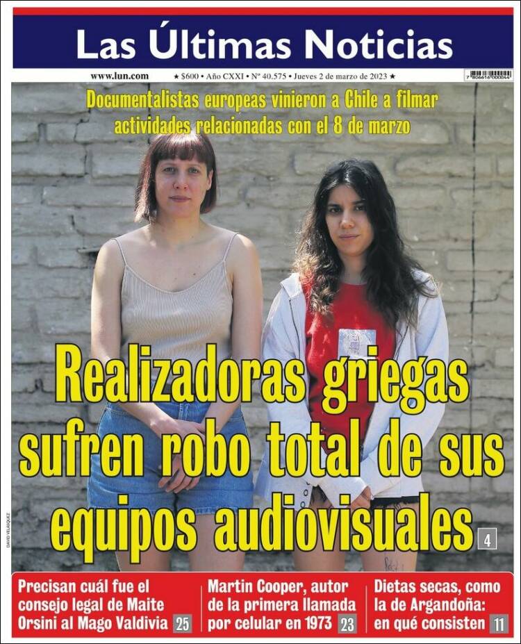 Portada de Las Últimas Noticias (Chili)