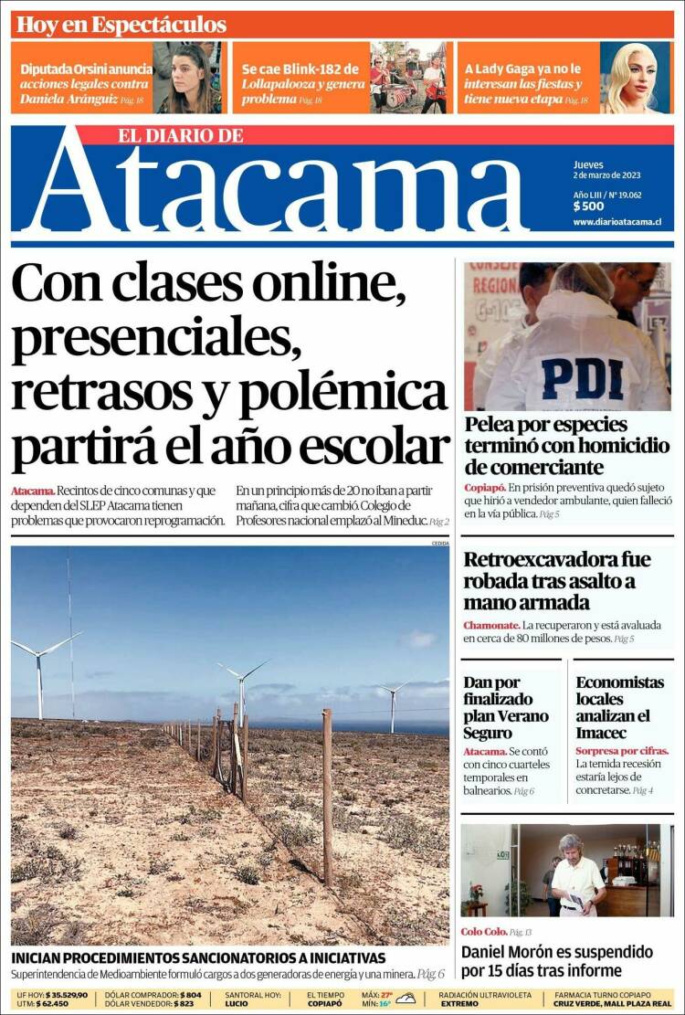 Portada de Diario de Atacama (Chili)