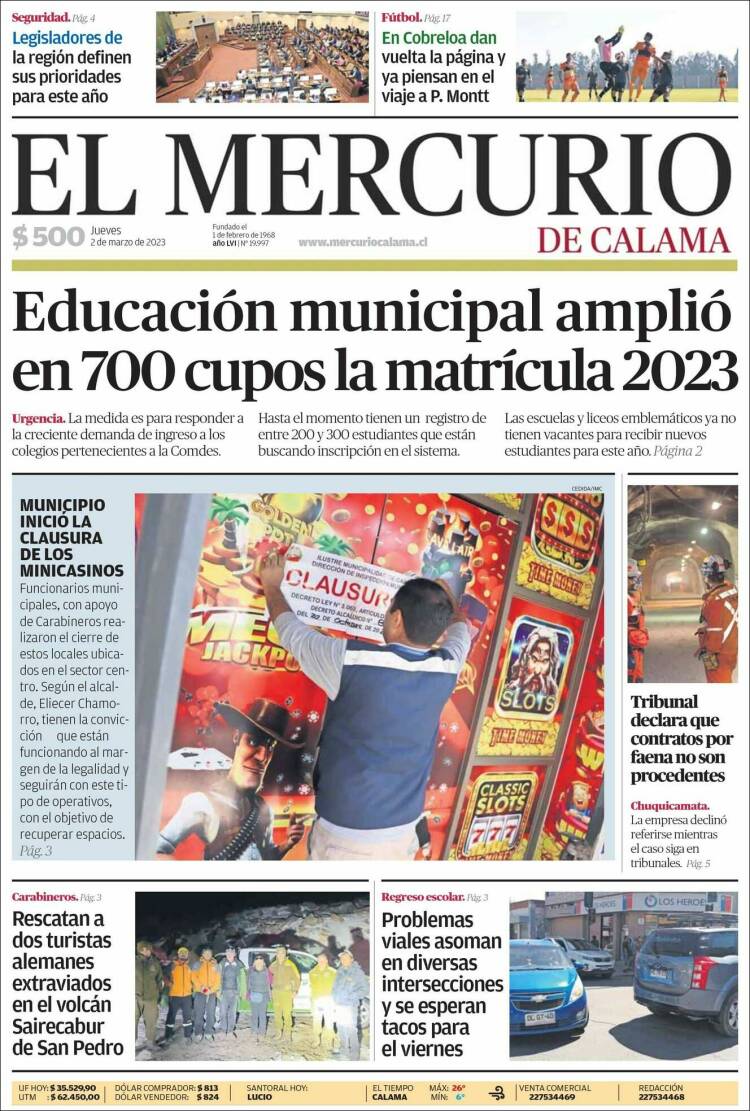 Portada de El Mercurio - Calama (Chili)