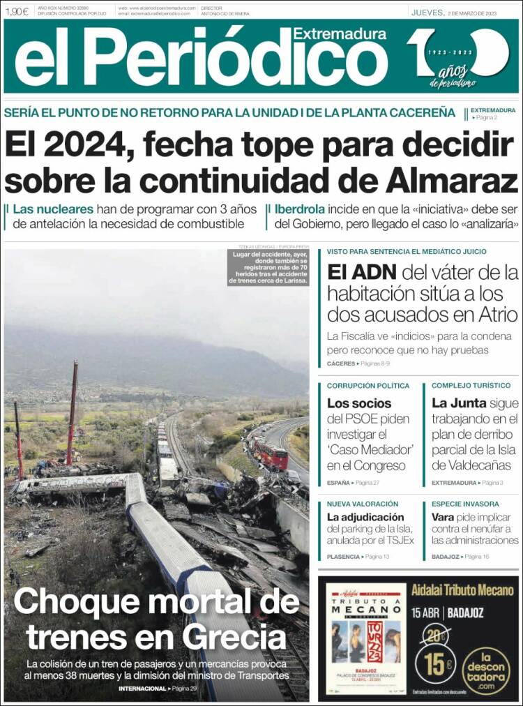 Portada de El Periódico de Extremadura (España)