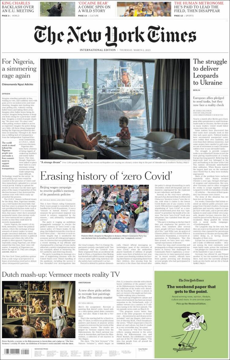 Portada de International New York Times (Europa)