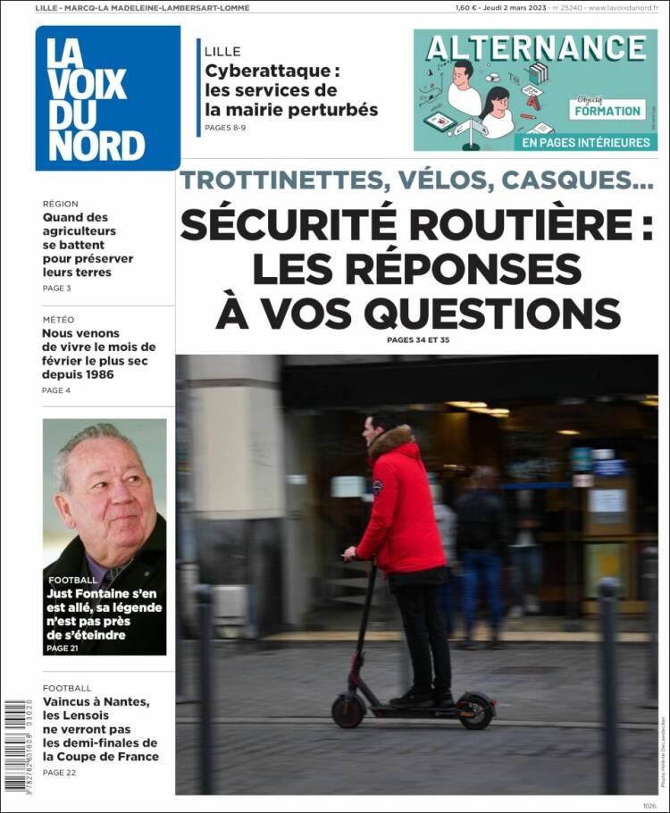Portada de La Voix du Nord (Francia)