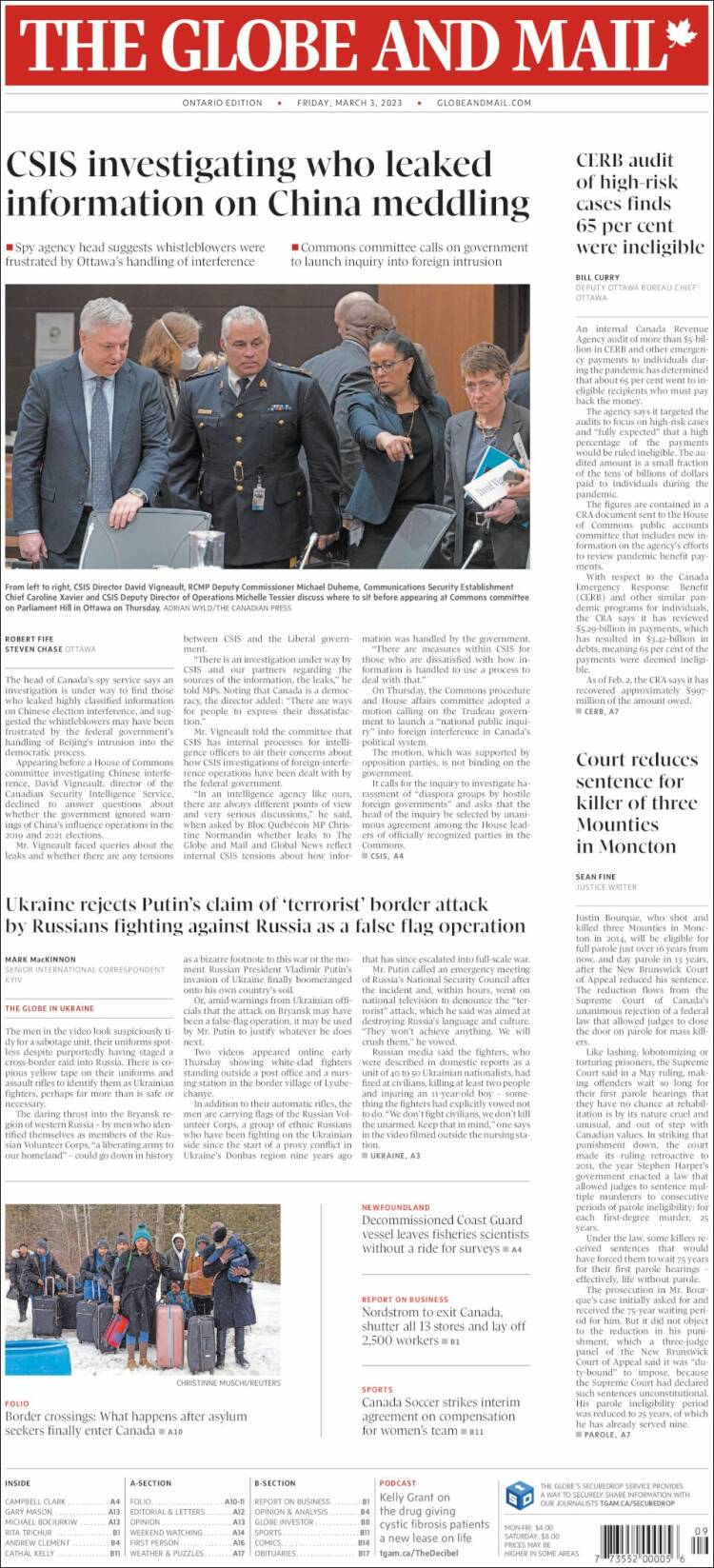 Portada de The Globe and Mail (Canada)