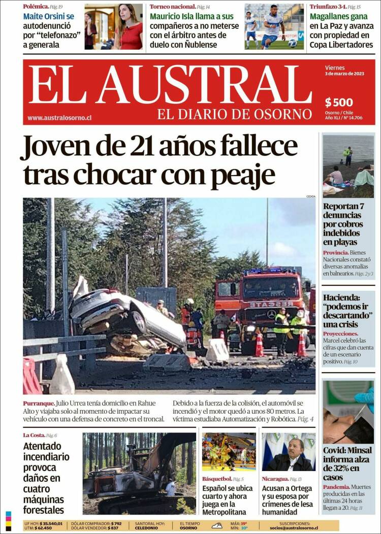 Portada de El Austral de Osorno (Chile)