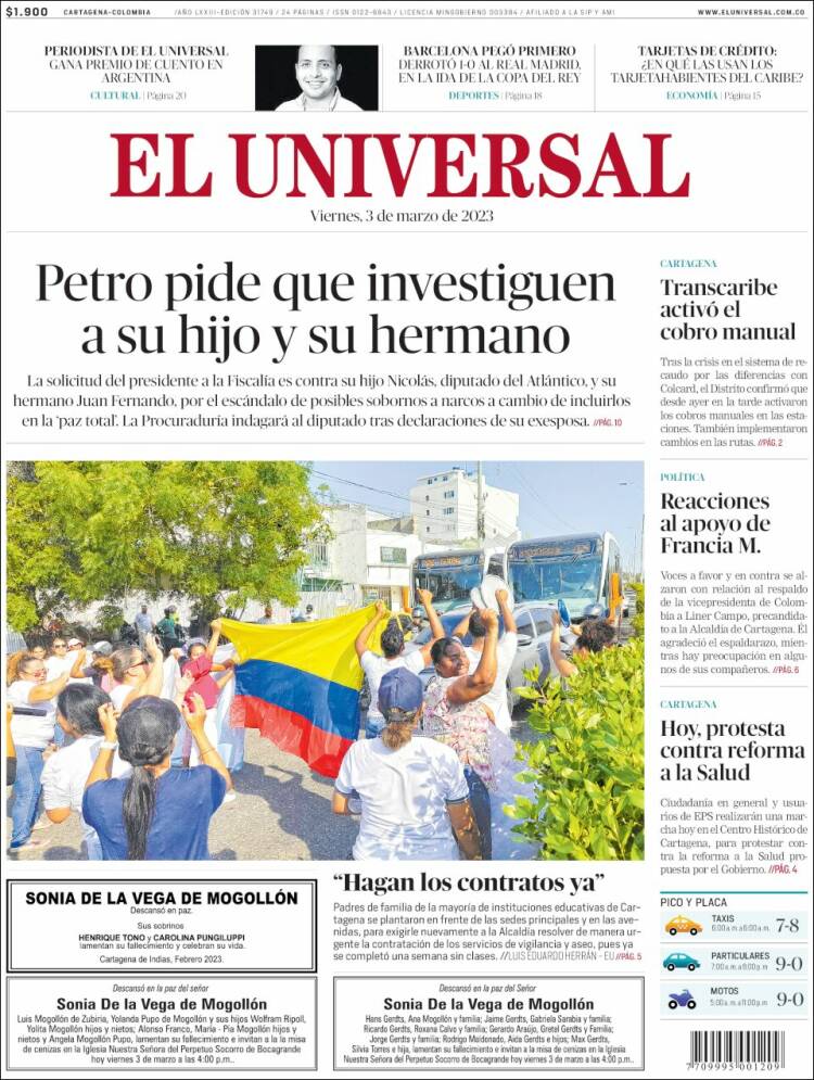 Portada de El Universal (Colombia)