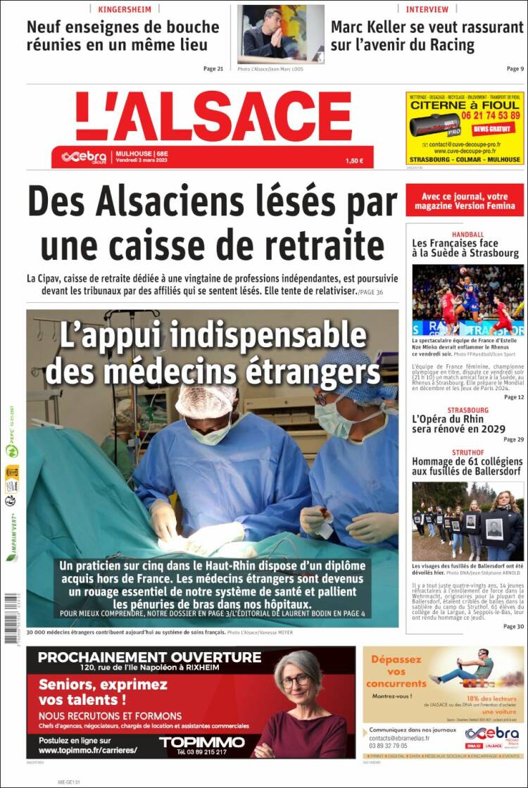 Portada de Journal L'Alsace (Francia)