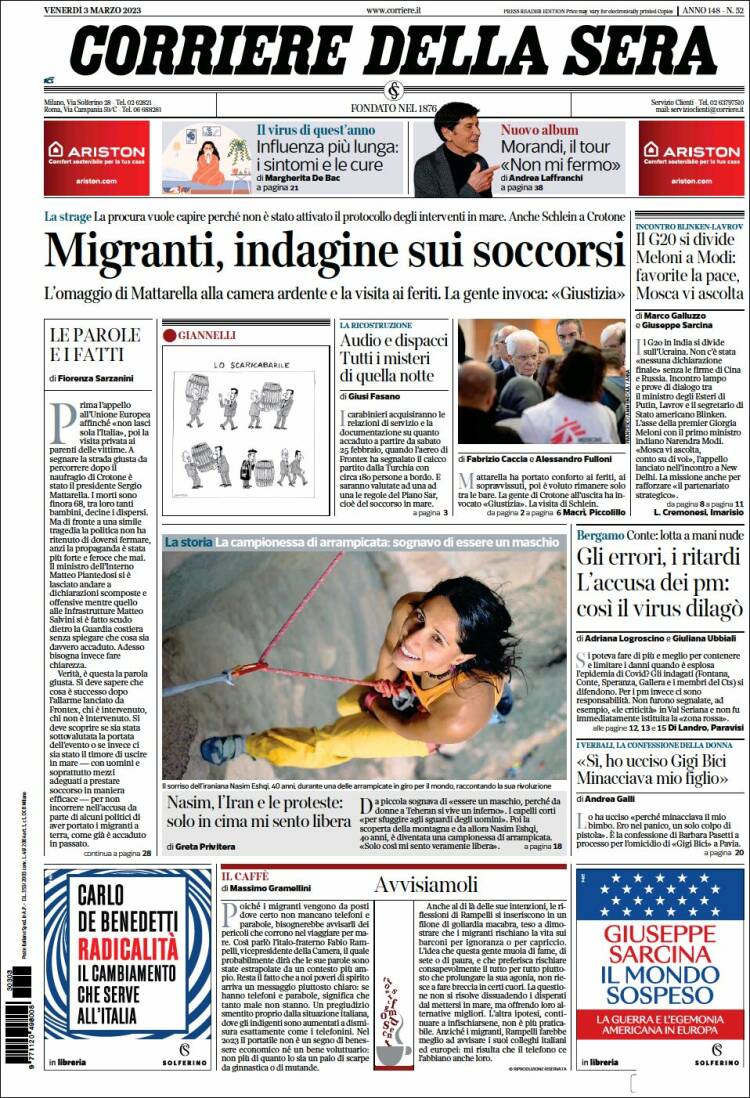 Portada de Corriere della Sera (Italia)