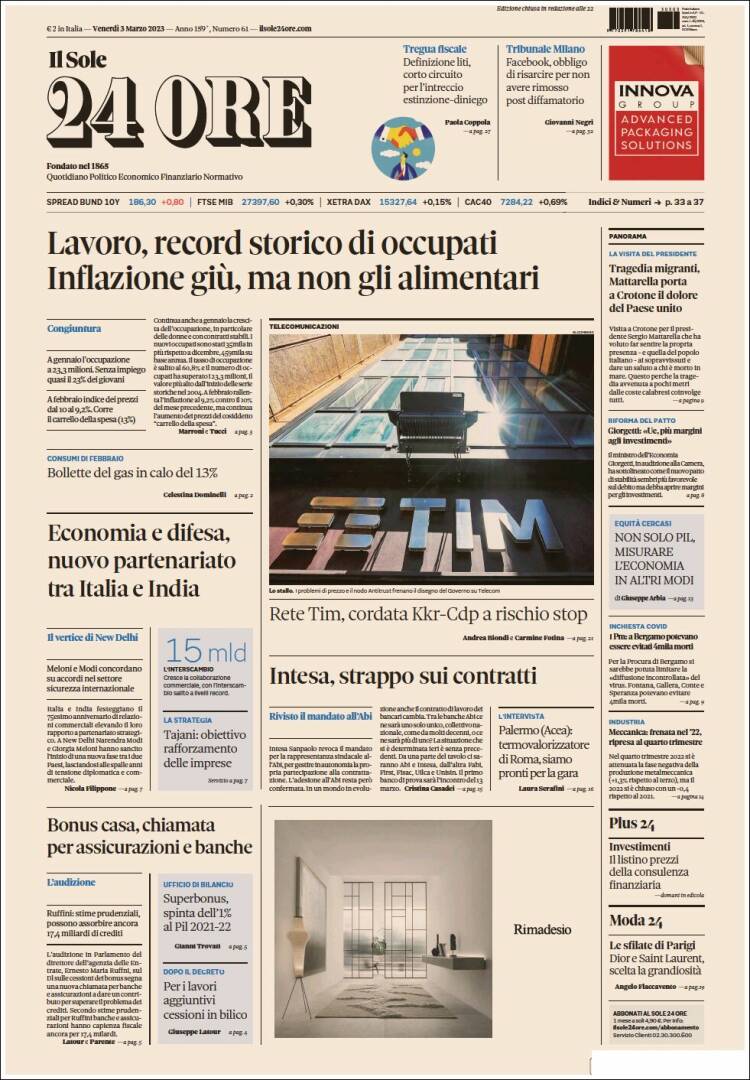 Portada de Il Sole 24 ORE (Italia)