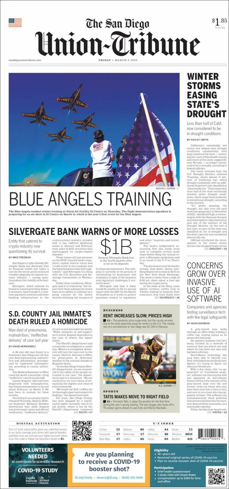 Portada de The San Diego Union-Tribune (USA)