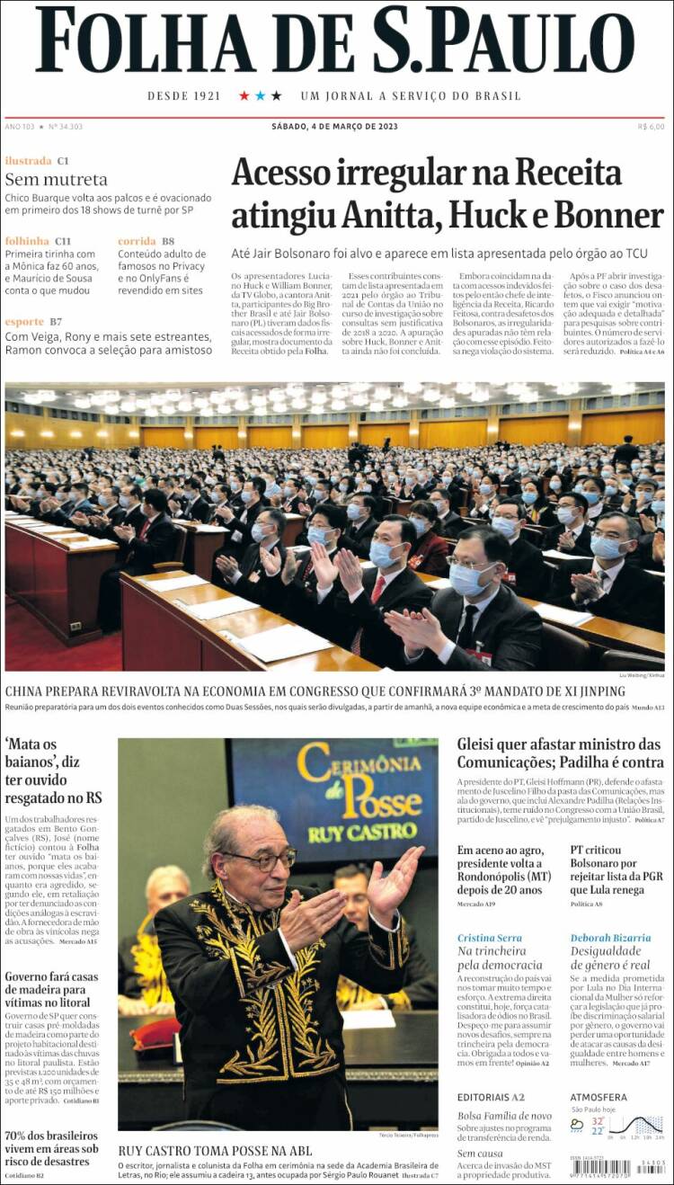 Portada de Folha de São Paulo (Brasil)