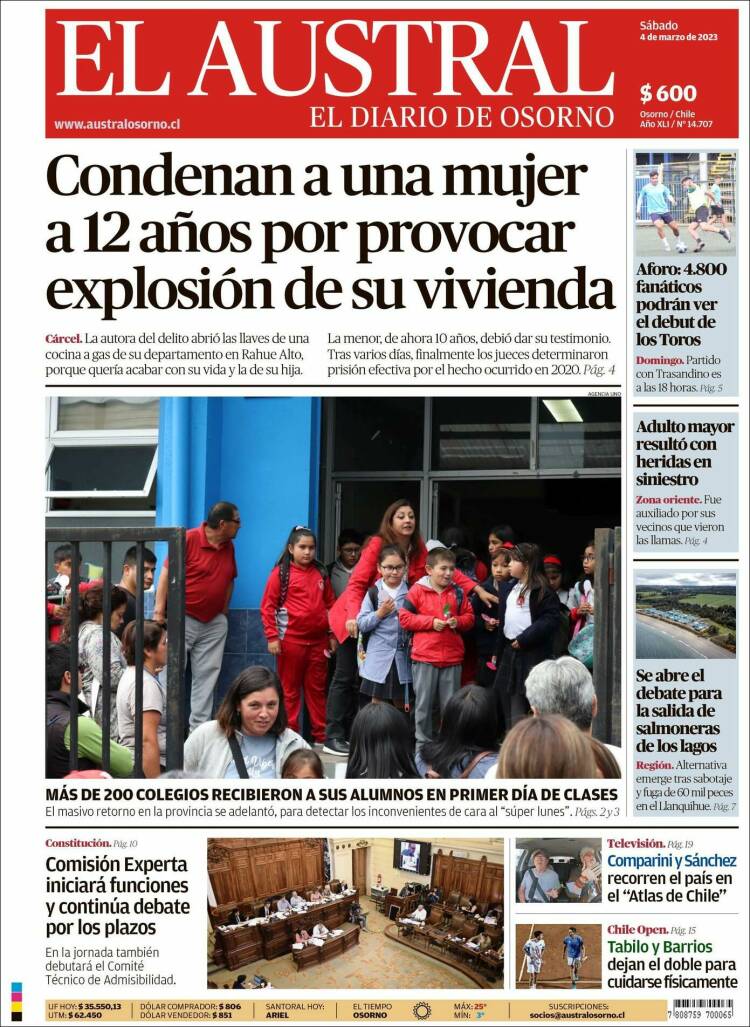Portada de El Austral de Osorno (Chile)