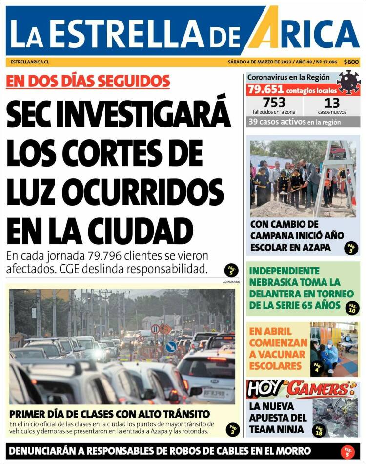 Portada de La Estrella de Arica (Chile)