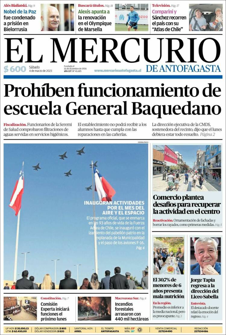 Portada de El Mercurio de Antofagasta (Chile)
