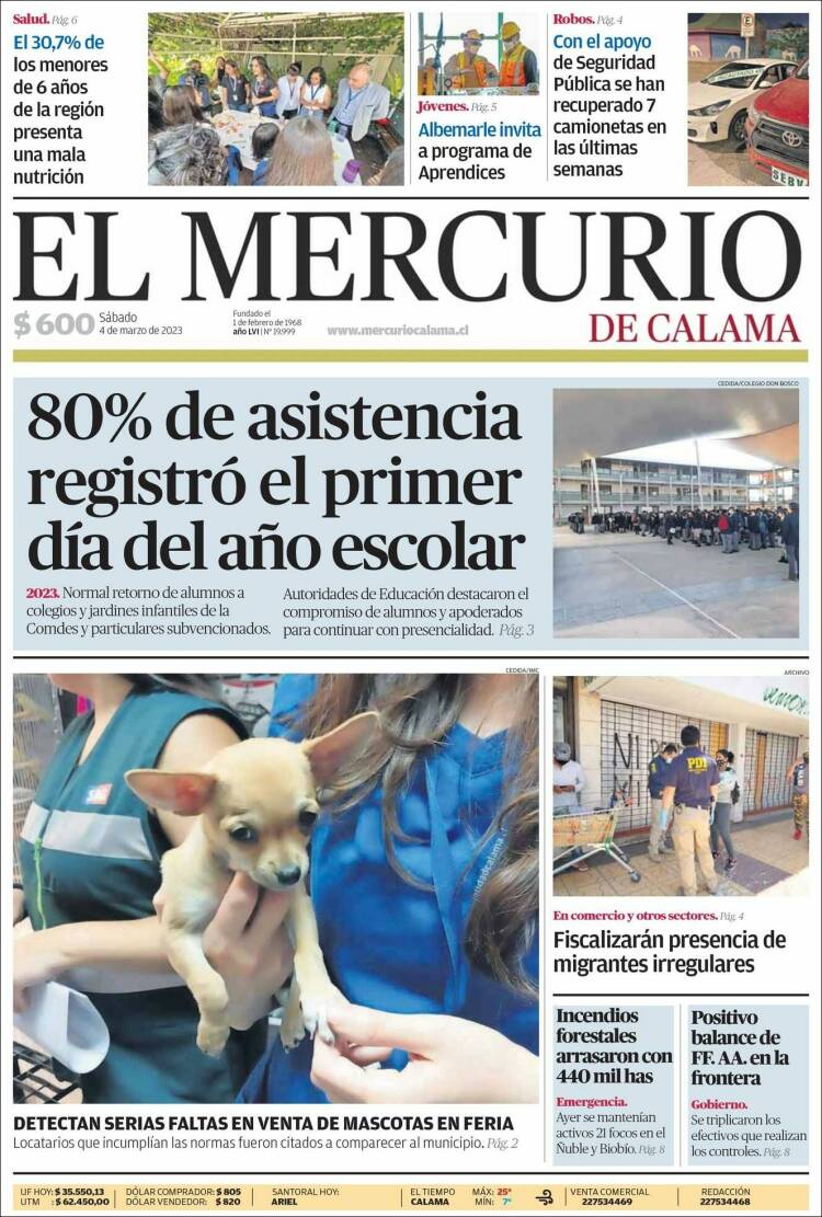 Portada de El Mercurio - Calama (Chile)