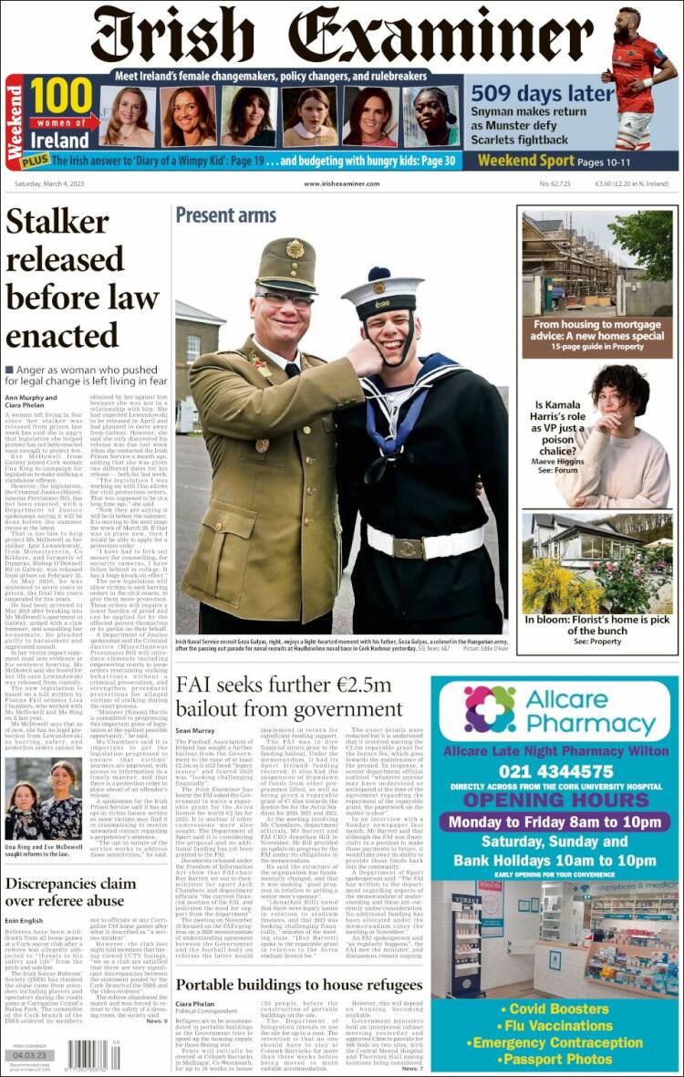 Portada de Irish Examiner (Irlanda)