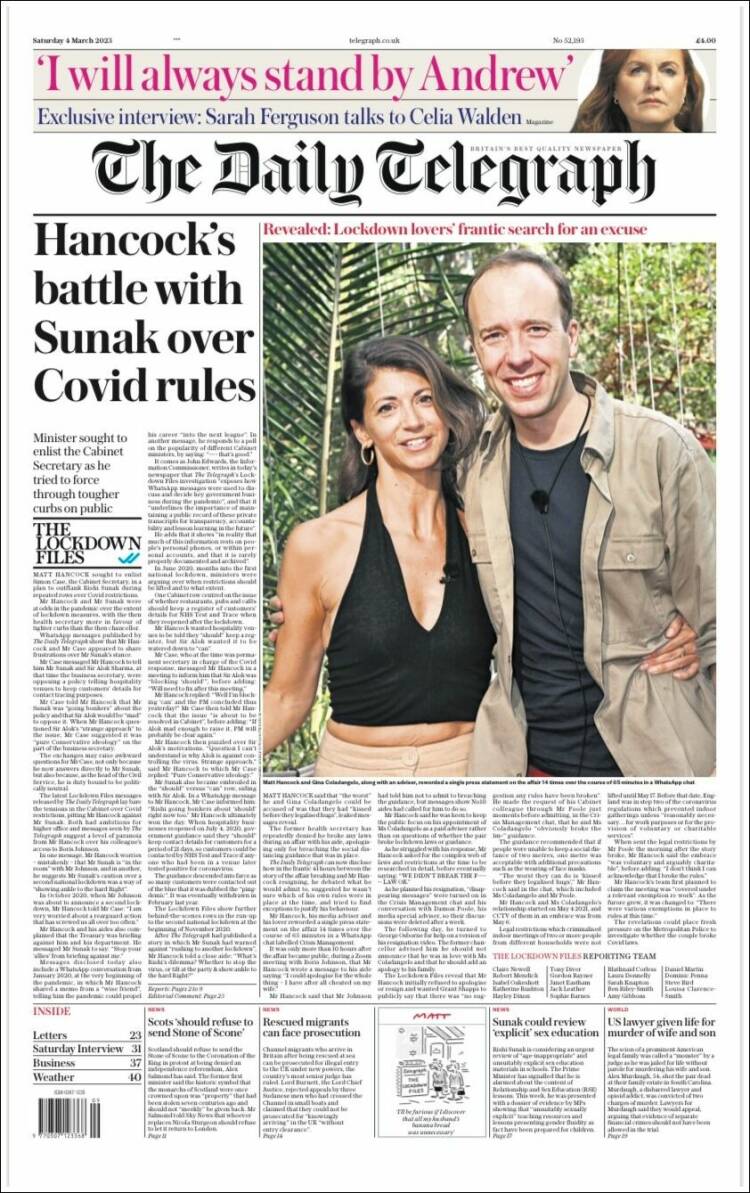 Portada de Daily Telegraph (Reino Unido)