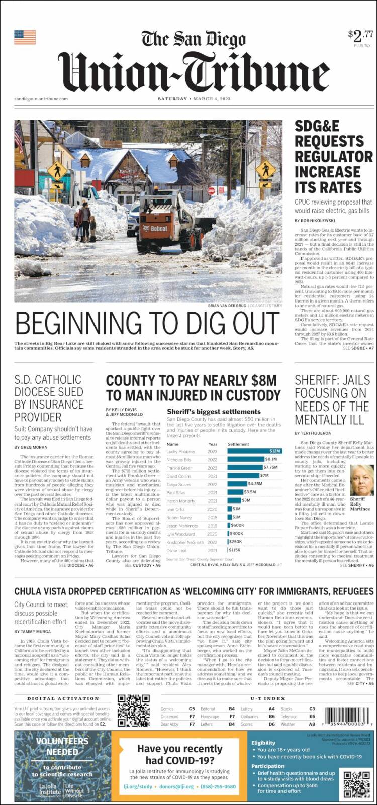 Portada de The San Diego Union-Tribune (USA)