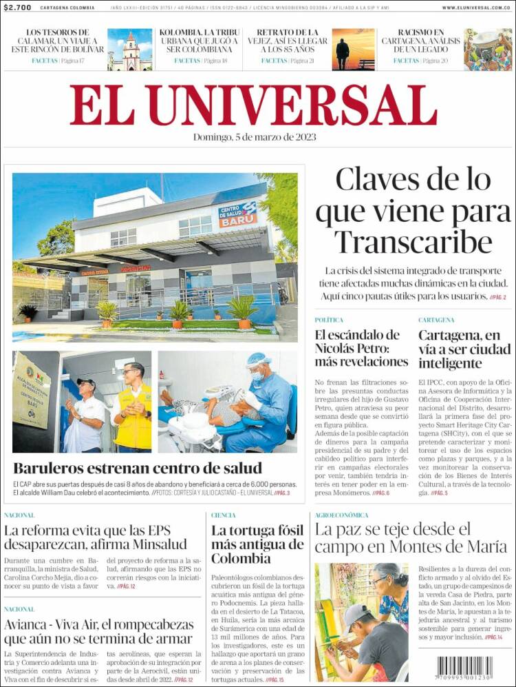 Portada de El Universal (Colombia)