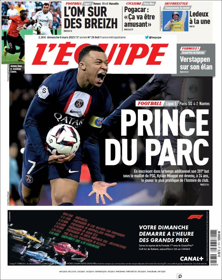 Journal L'Equipe (France). Les Unes des journaux de France. Édition du ...