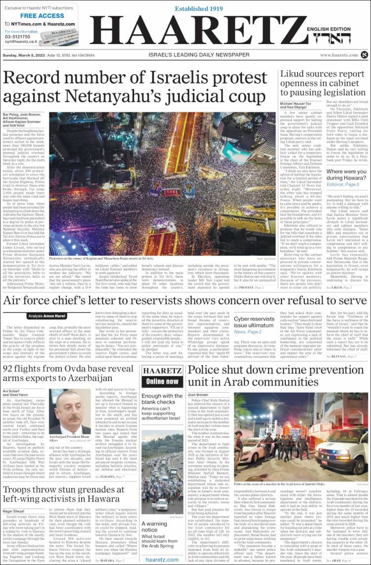 Portada de Haaretz (Israel)