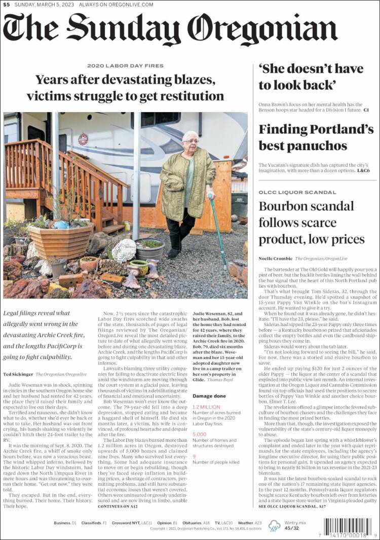 Portada de The Oregonian (USA)