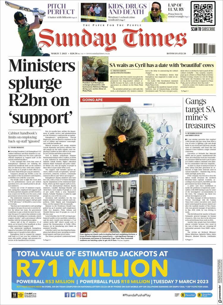 Portada de The Times (Sud&aacute;frica)