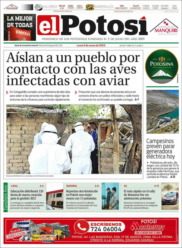 Portada de Diario de Potosí (Bolivia)