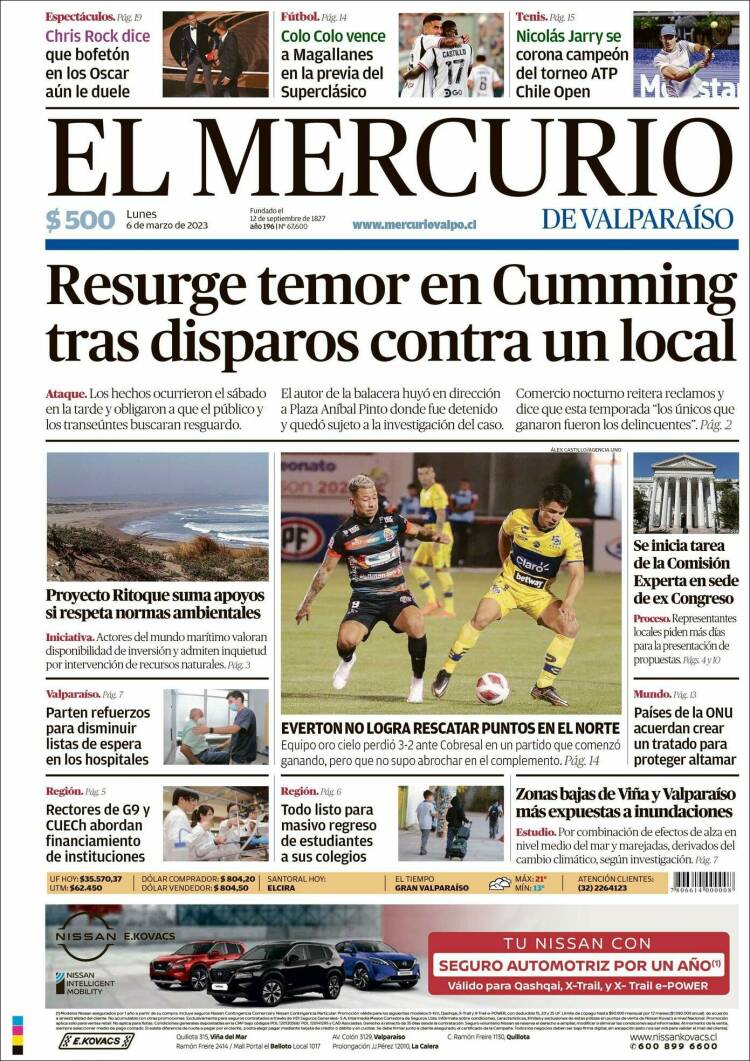 Portada de Mercurio de Valparaiso (Chile)