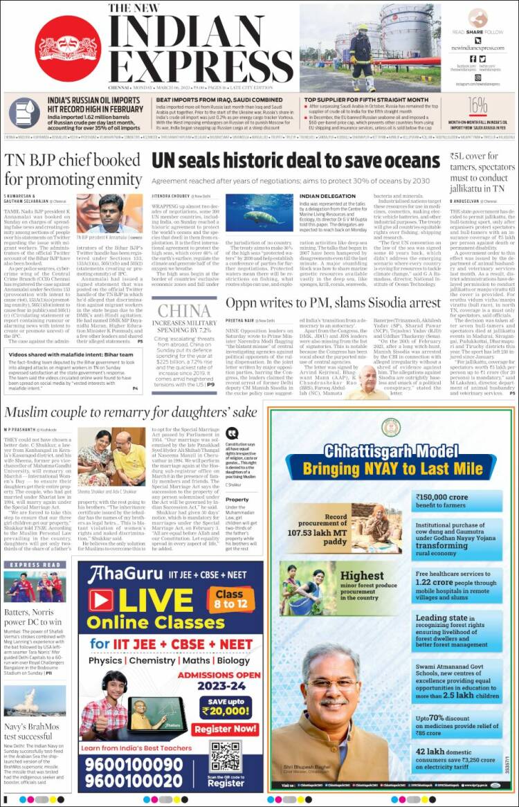 Portada de New Indian Express (India)