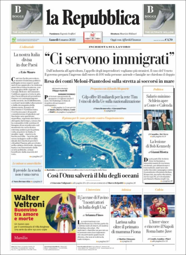 Portada de La Repubblica (Italia)