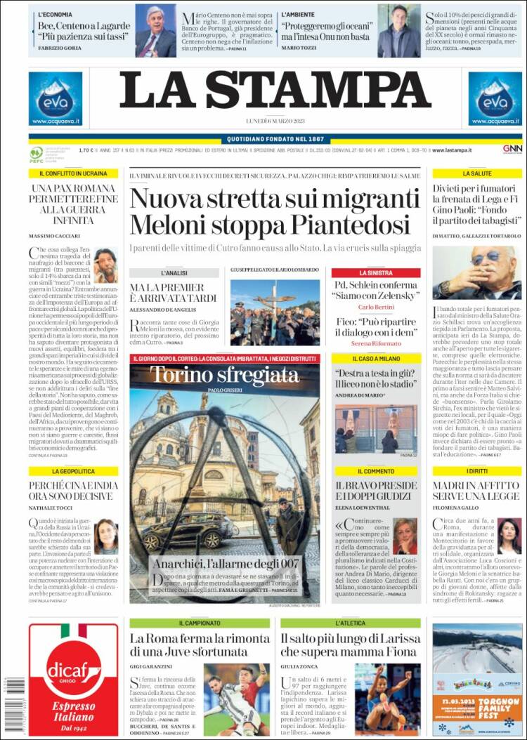 Portada de La Stampa (Italia)