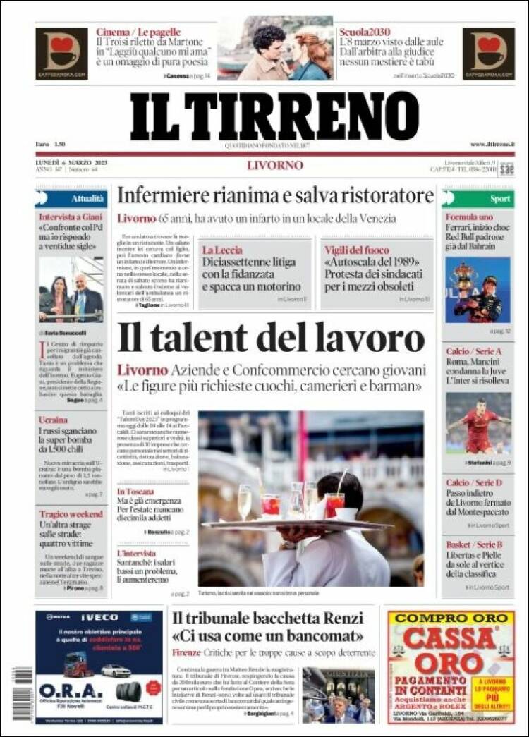 Portada de Il Tirreno (Italia)