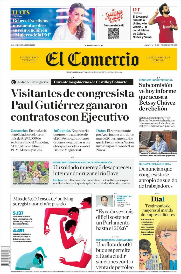 Portada de El Comercio (Per&uacute;)