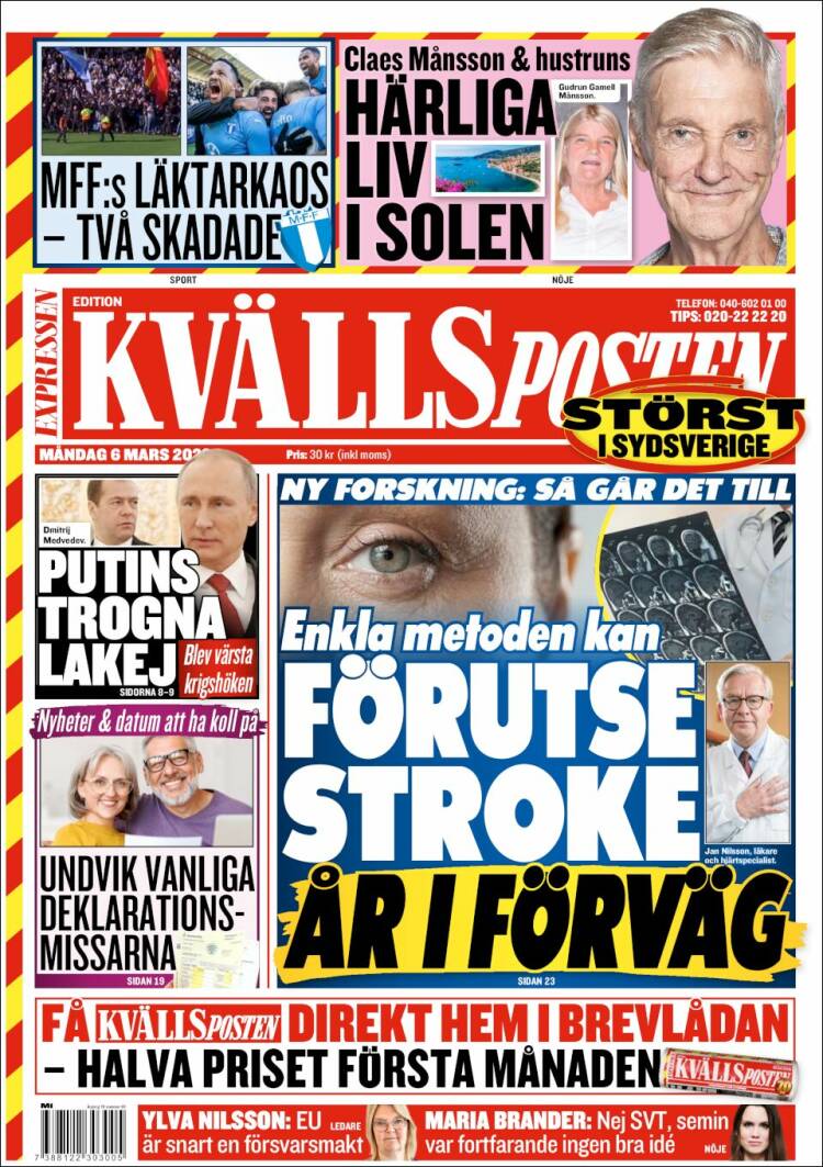 Portada de Kvällsposten (Suecia)